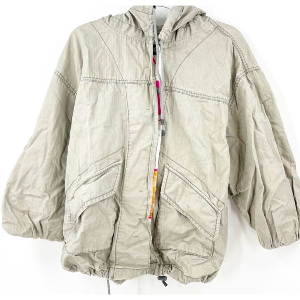 Free People Beige Gray 3/4 Sleeve Windbreaker Jacket Hooded Women’s Large